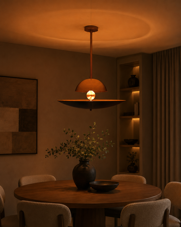 Venice Disc pendant installed above a round dining table, creating warm sculptural lighting in a modern dining room.