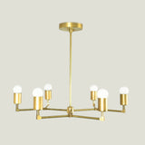 Venice 6 light brass-tone chandelier shown from the front highlighting its open geometric arms and exposed bulb design.