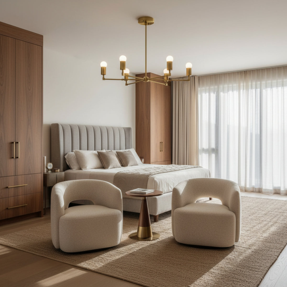 Venice 6 light chandelier shown from an angled view with slender brass-tone arms, cylindrical bulb holders, and minimalist styling.