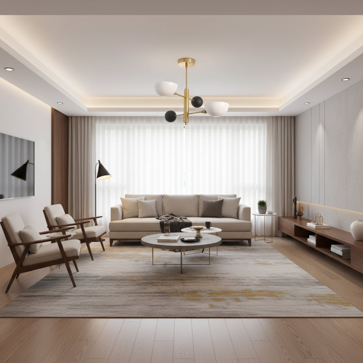 Venice 2 light brass orb and bowl chandelier shown from an angled view with white bowl shades and black spherical accents.