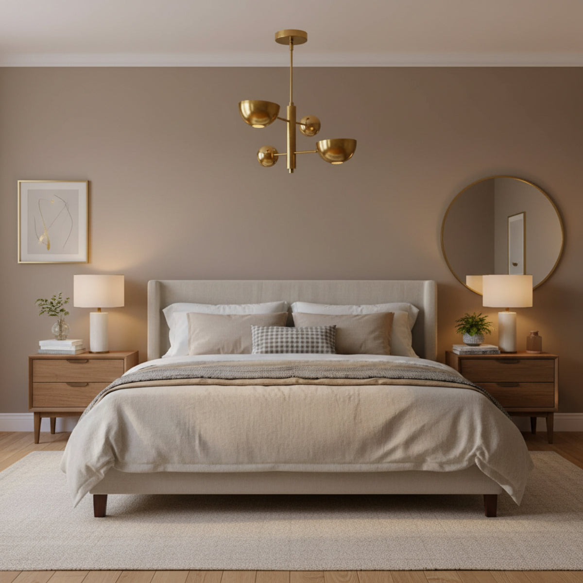 Venice 2 light brass orb and bowl chandelier shown from the front with sculptural bowl shades and spherical counterbalance accents.