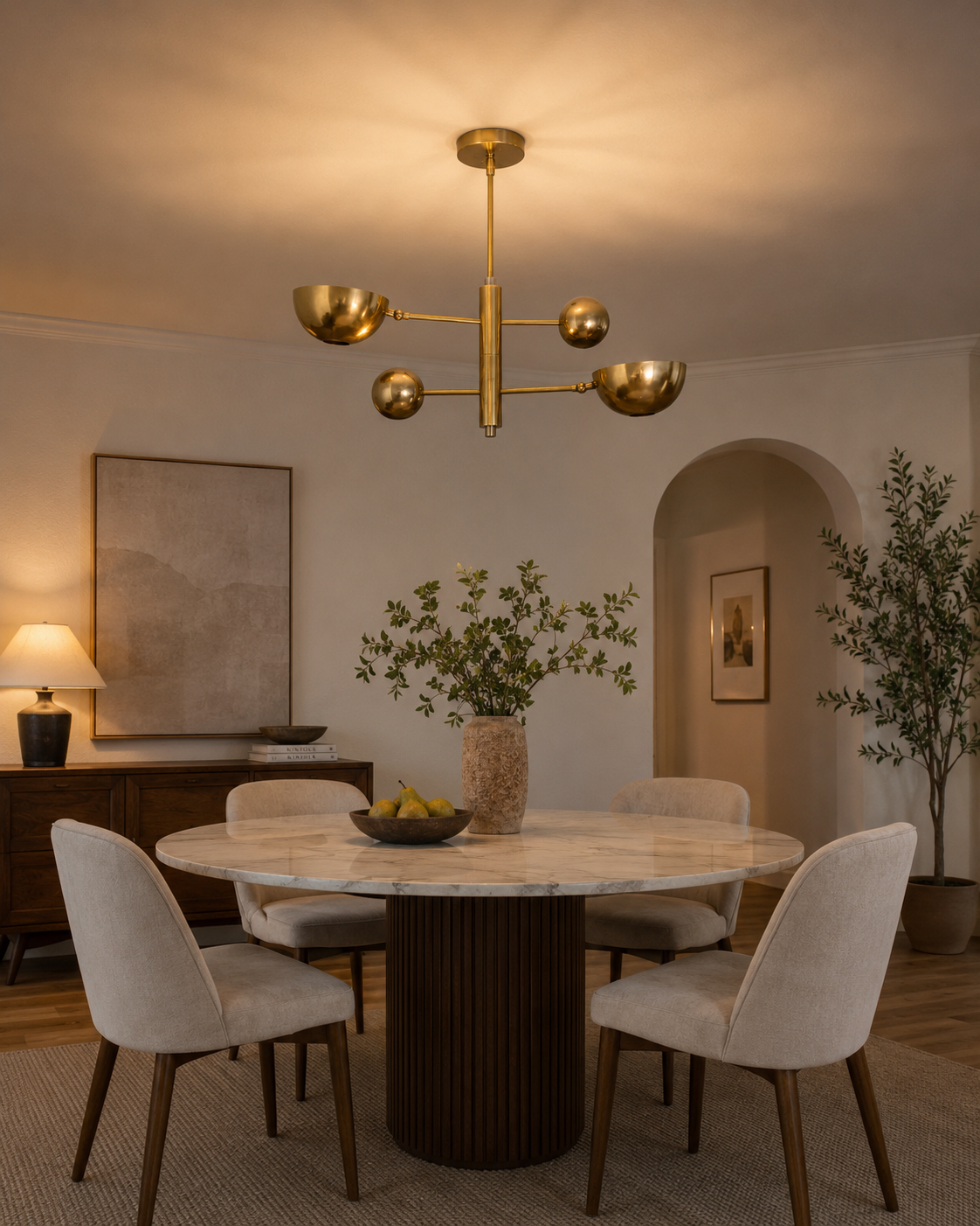 Venice 2 light brass orb and bowl chandelier installed above a round dining table in a warm modern dining room.
