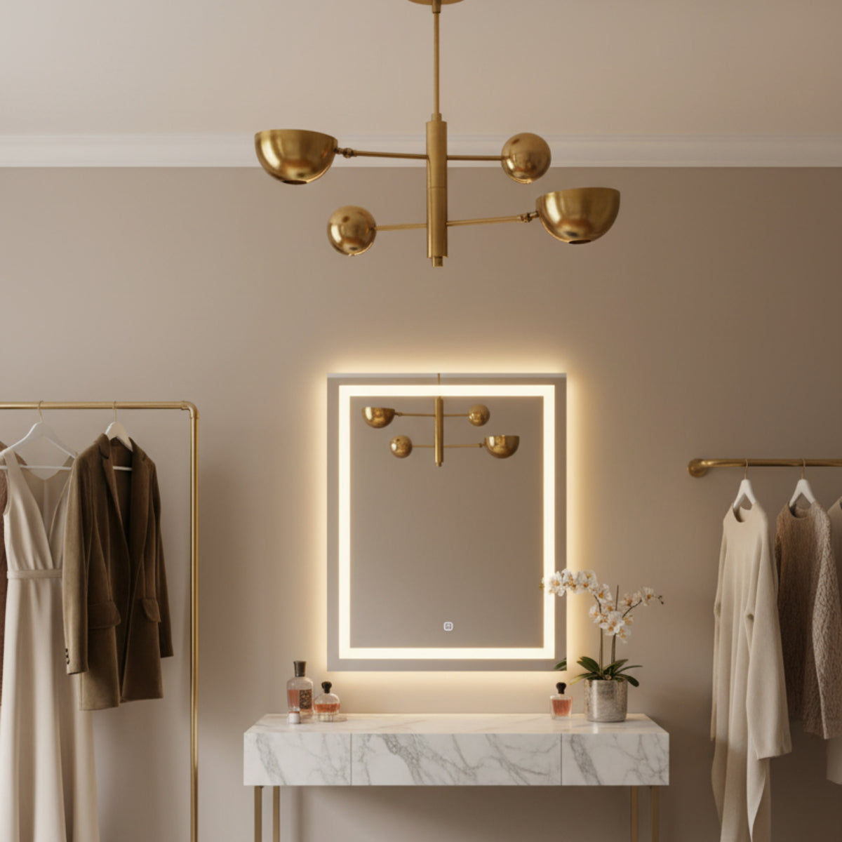 Venice 2 light brass orb and bowl chandelier shown in a full product view with balanced horizontal arms and spherical accents.