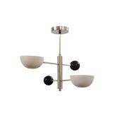Venice 2 light orb and bowl chandelier shown in a polished silver finish with white bowl shades and black spherical accents.