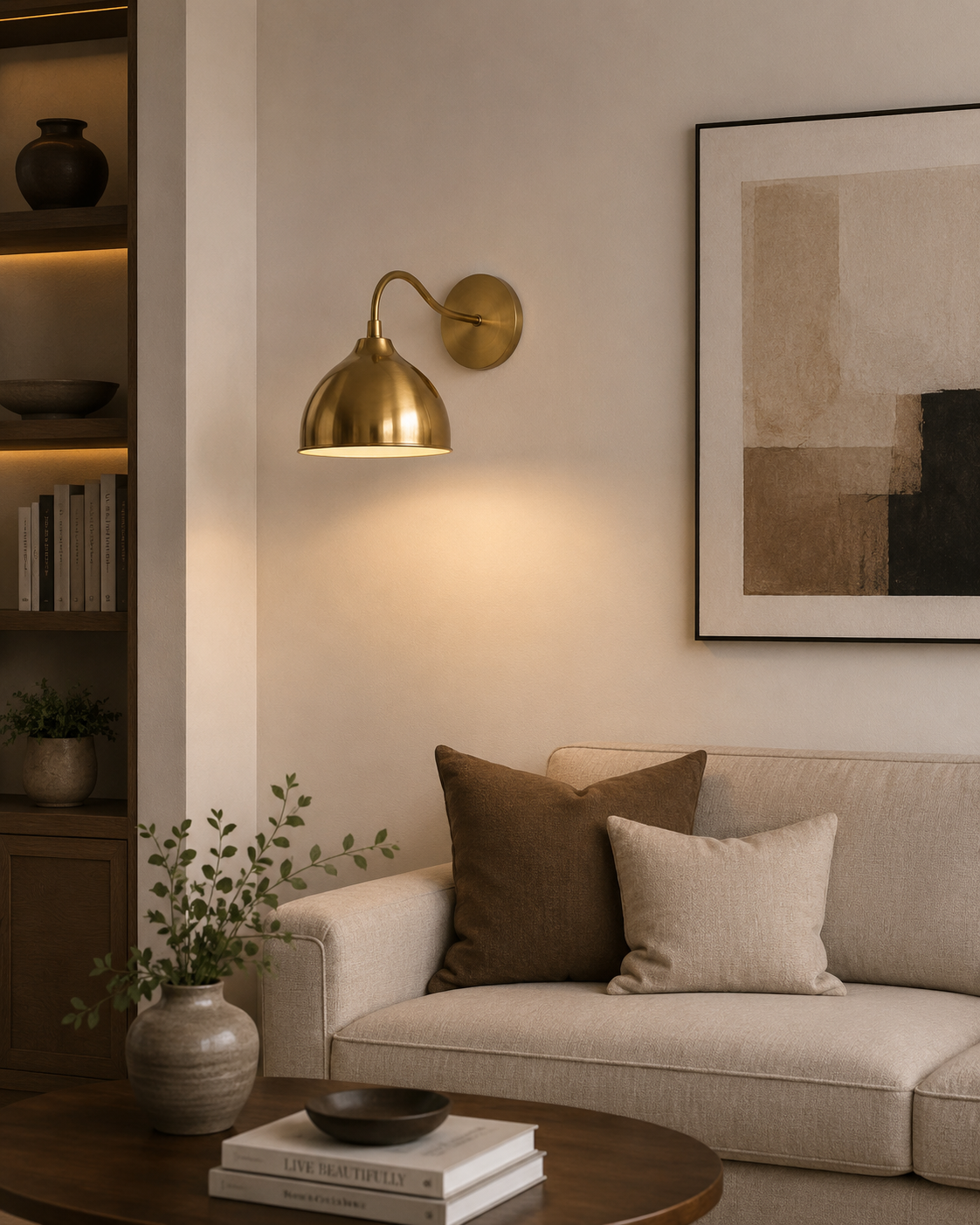 Verona Curved Arm Dome Wall Sconce with warm brass finish styled in a modern living room – Model 32836