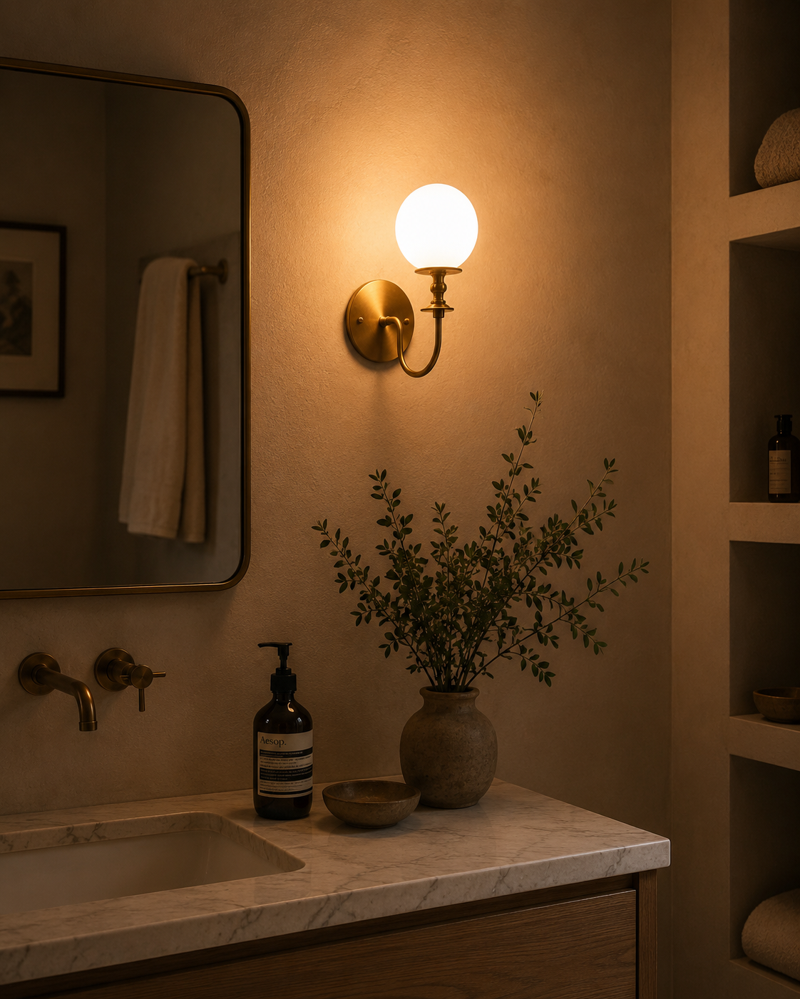 Verona Modern Globe Glass Wall Sconce installed above a bathroom vanity, providing warm ambient lighting in a contemporary luxury interior.