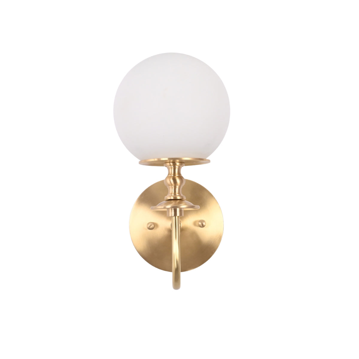 Front view of the Verona Modern Globe Glass Wall Sconce featuring a frosted opal globe, decorative stem, and round brass backplate.
