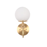 Front view of the Verona Modern Globe Glass Wall Sconce featuring a frosted opal globe, decorative stem, and round brass backplate.