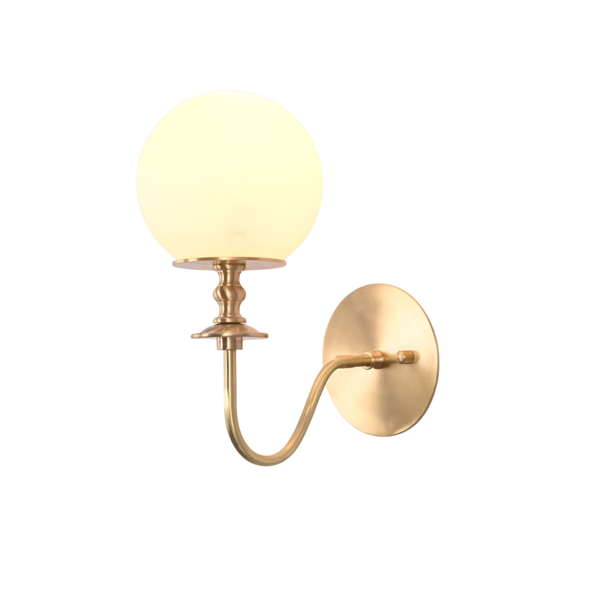 Verona Modern Globe Glass Wall Sconce glowing warmly with decorative turned stem and curved brass arm in a three-quarter perspective.