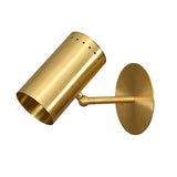 Front view of the Verona Adjustable Cylinder Wall Sconce in brushed brass with an adjustable cylindrical spotlight and minimalist round wall backplate.