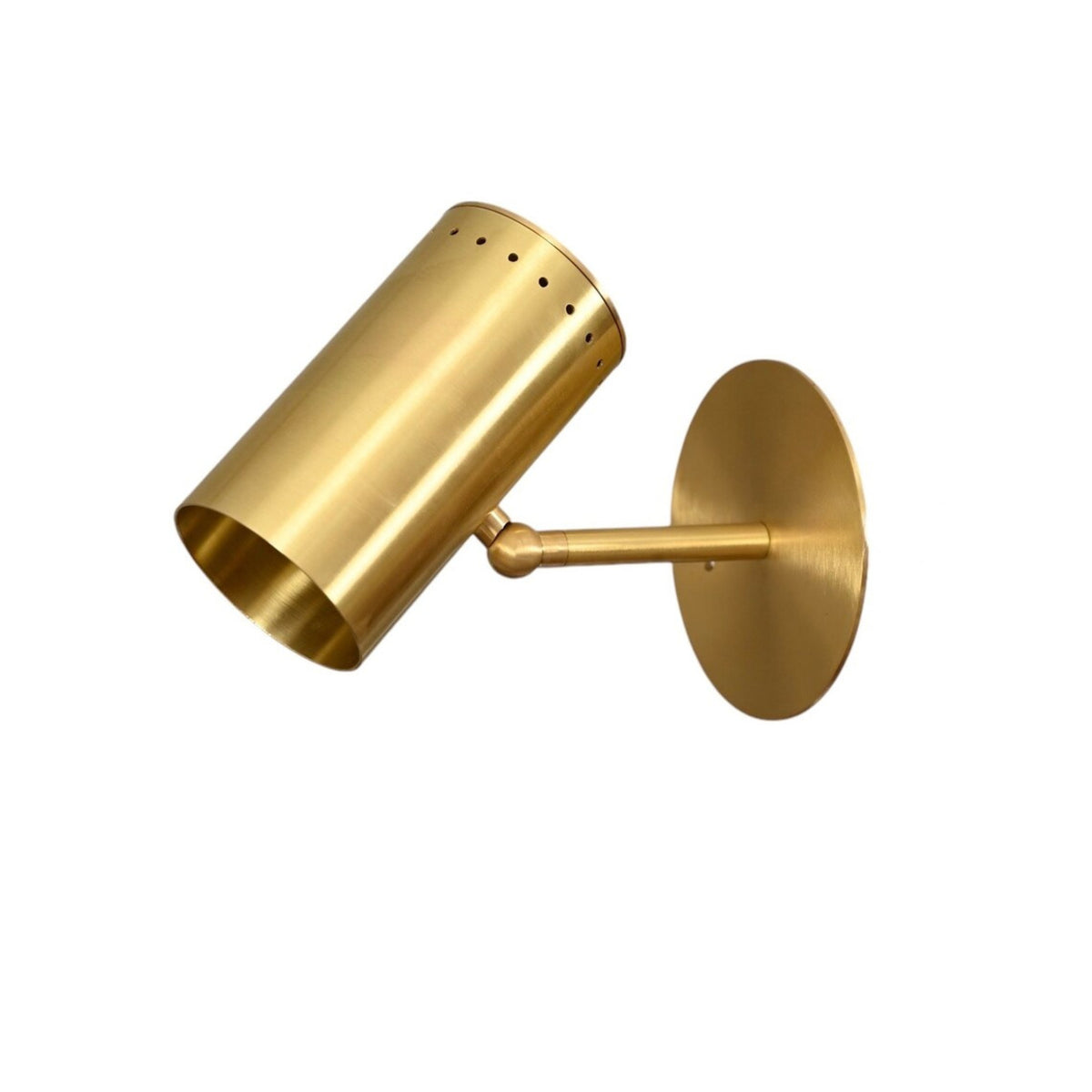 Right angled view of the Verona Adjustable Cylinder Wall Sconce featuring the handcrafted brass cylindrical shade, swivel arm, and circular wall plate.