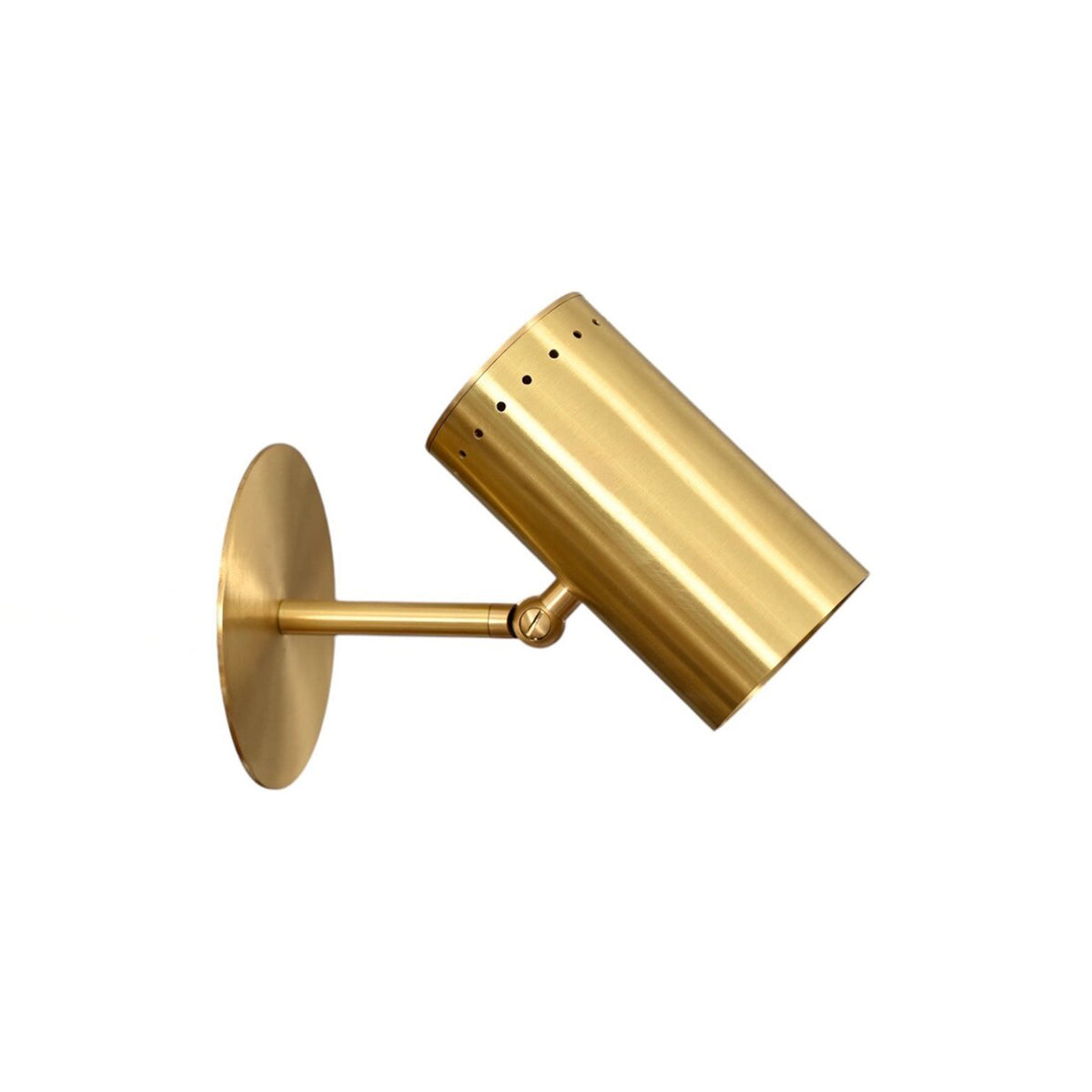 Side profile of the Verona Adjustable Cylinder Wall Sconce showing the adjustable spotlight head, cylindrical shade, and minimalist brass wall mount.