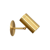 Side profile of the Verona Adjustable Cylinder Wall Sconce showing the adjustable spotlight head, cylindrical shade, and minimalist brass wall mount.