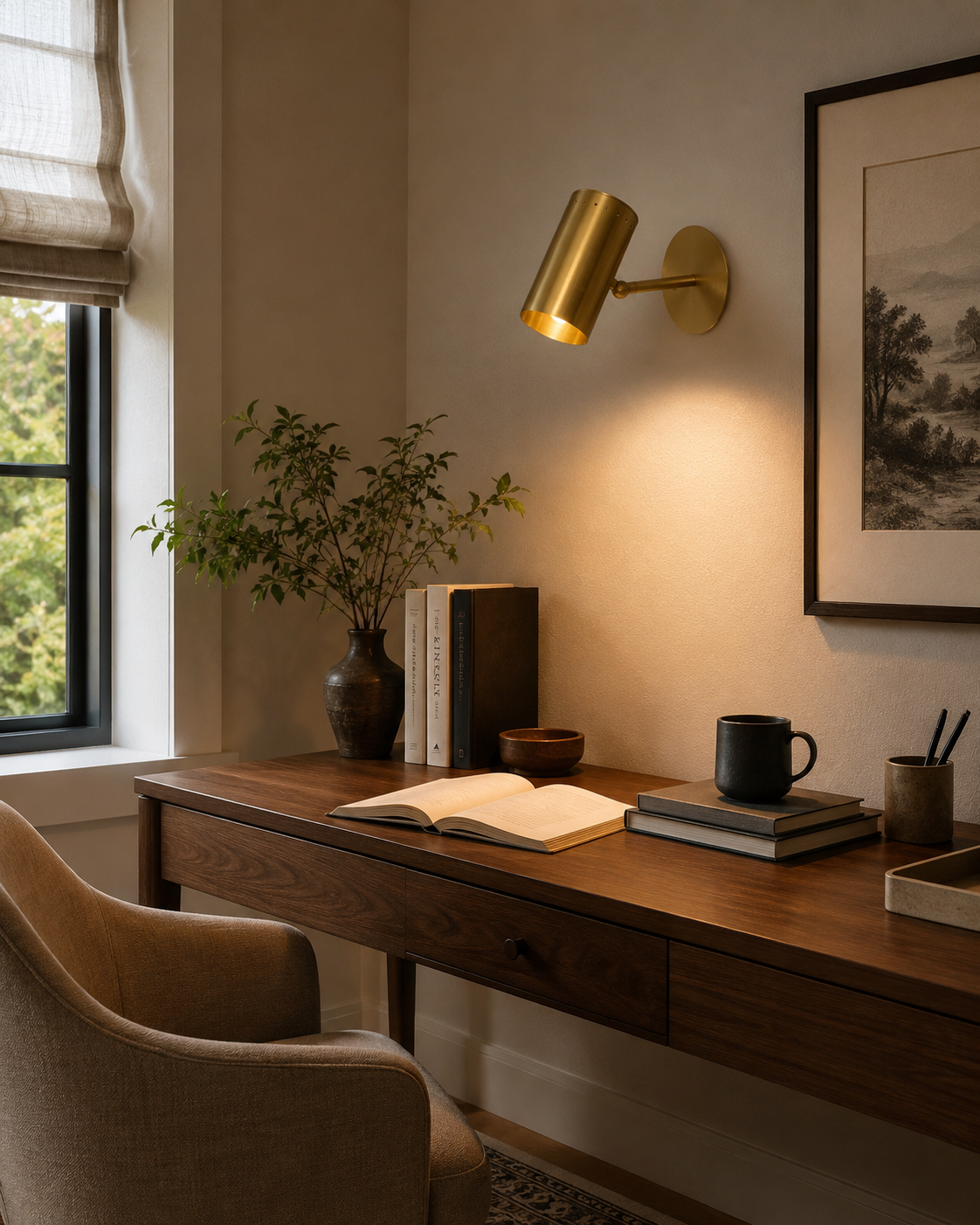 Verona Adjustable Cylinder Wall Sconce installed above a modern wooden desk, providing warm directional reading light in a contemporary home office.