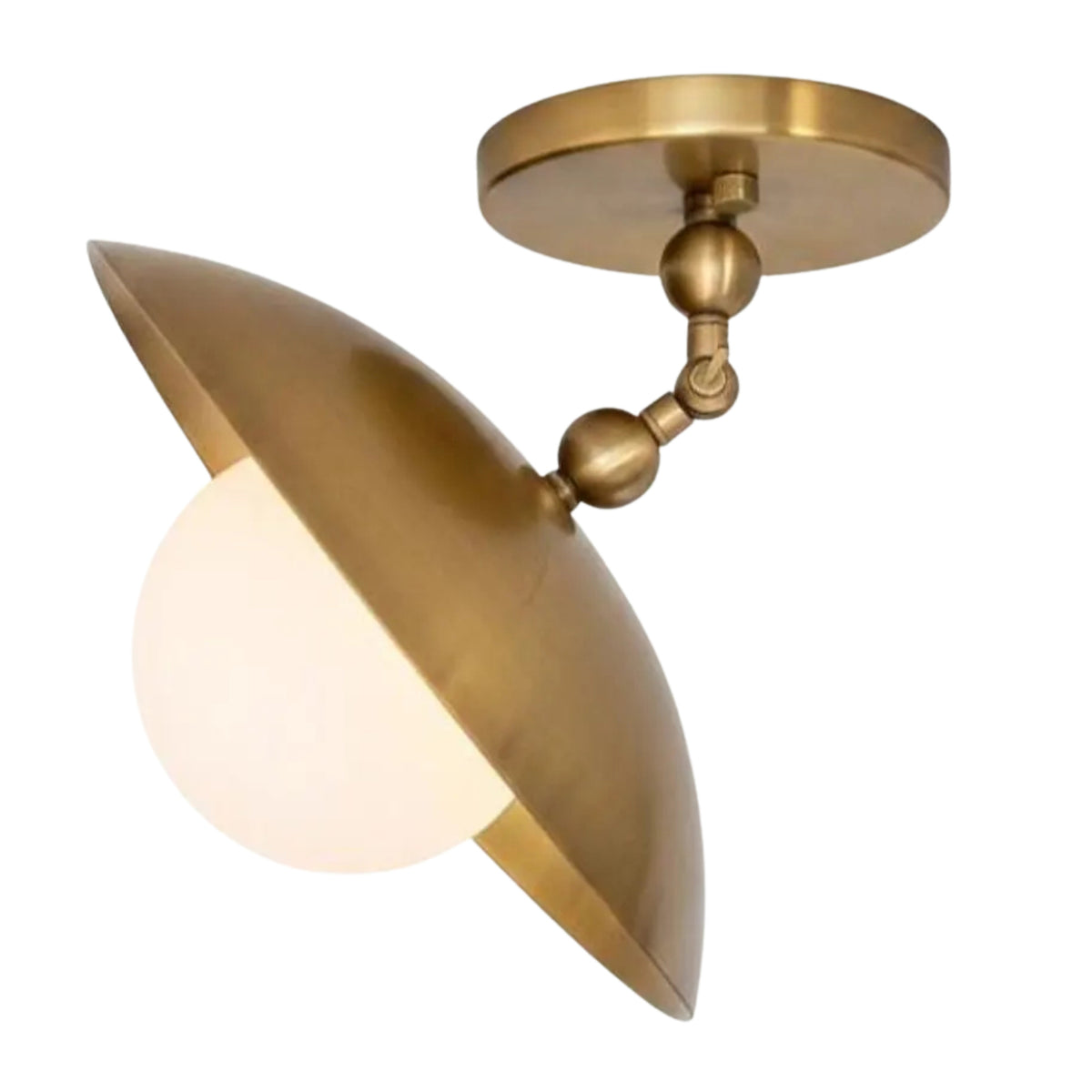 Angled view of Verona adjustable brass dome ceiling light with opal glass globe and pivot joint, Model 33162.