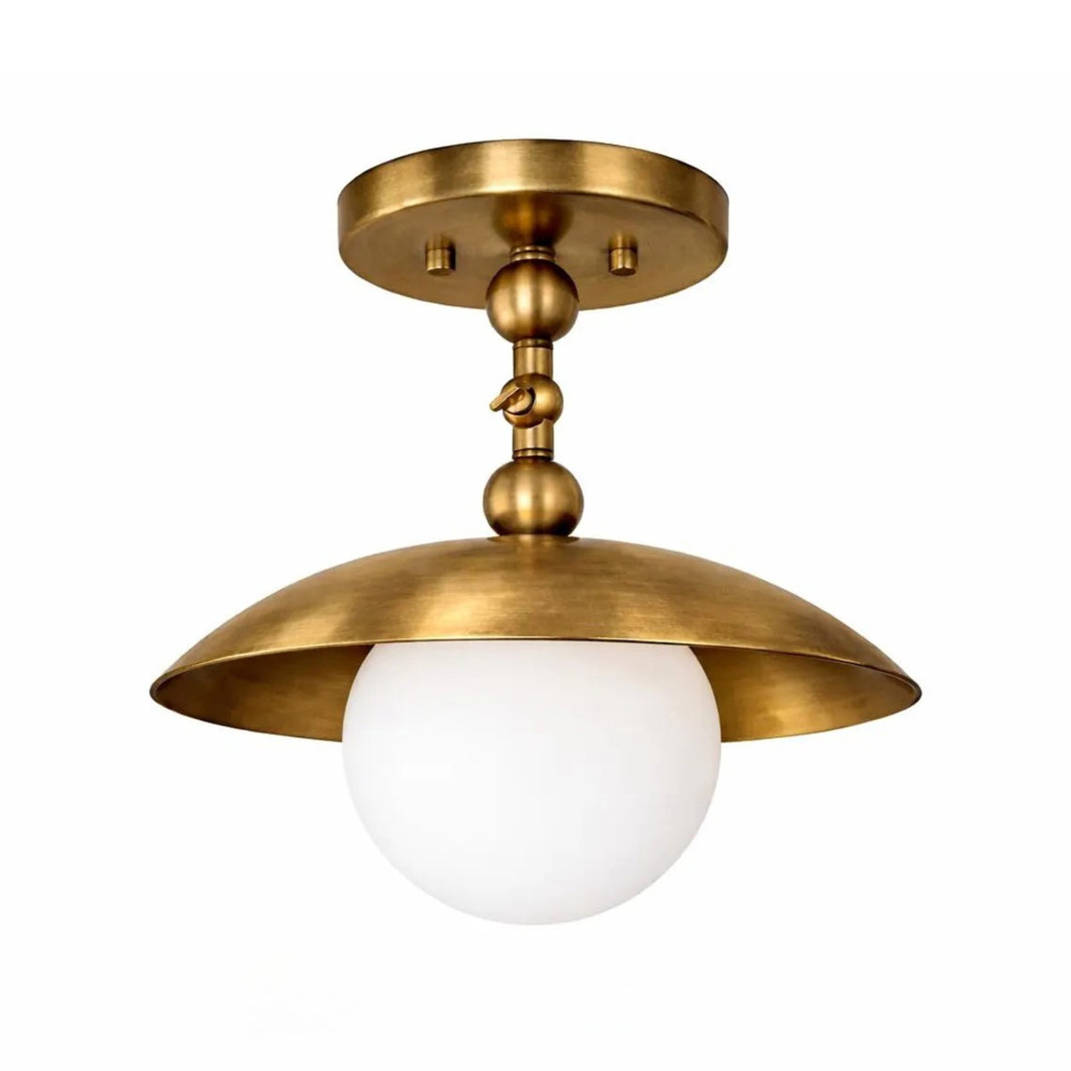 Verona 1-light dome globe flush mount in warm brass finish with white opal glass shade, Model 33162.