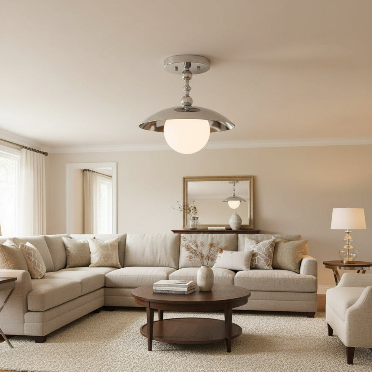 Verona dome globe flush mount in polished chrome finish with white opal glass globe, Model 33162.