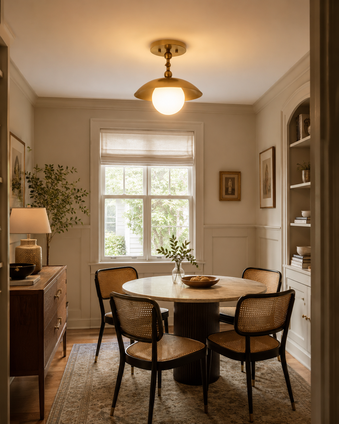 Verona brass dome globe flush mount installed above a dining table in a warm modern dining room, Model 33162.