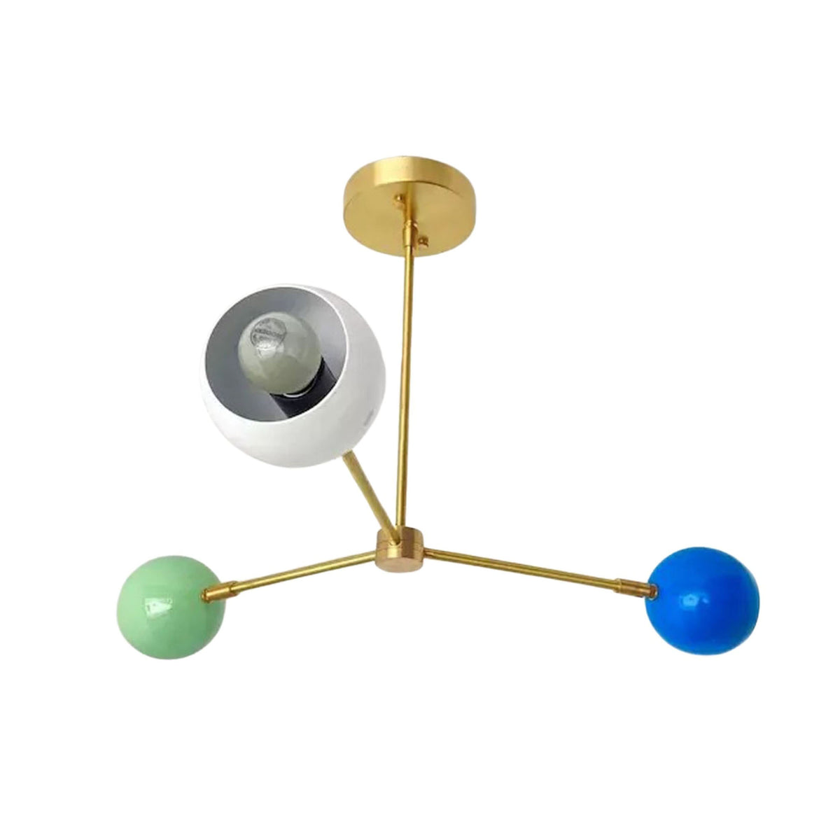 Verona 3 light color dome chandelier with green, blue and white shades and brass arms, alternate view – Model 62016