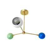 Verona 3 light color dome chandelier with green, blue and white shades and brass arms, alternate view – Model 62016