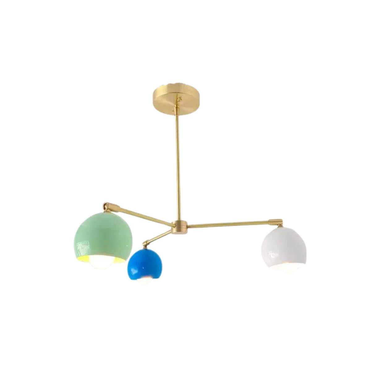 Angled view of Verona 3 light chandelier with green, blue and white dome shades on brass arms – Model 62016