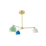 Angled view of Verona 3 light chandelier with green, blue and white dome shades on brass arms – Model 62016