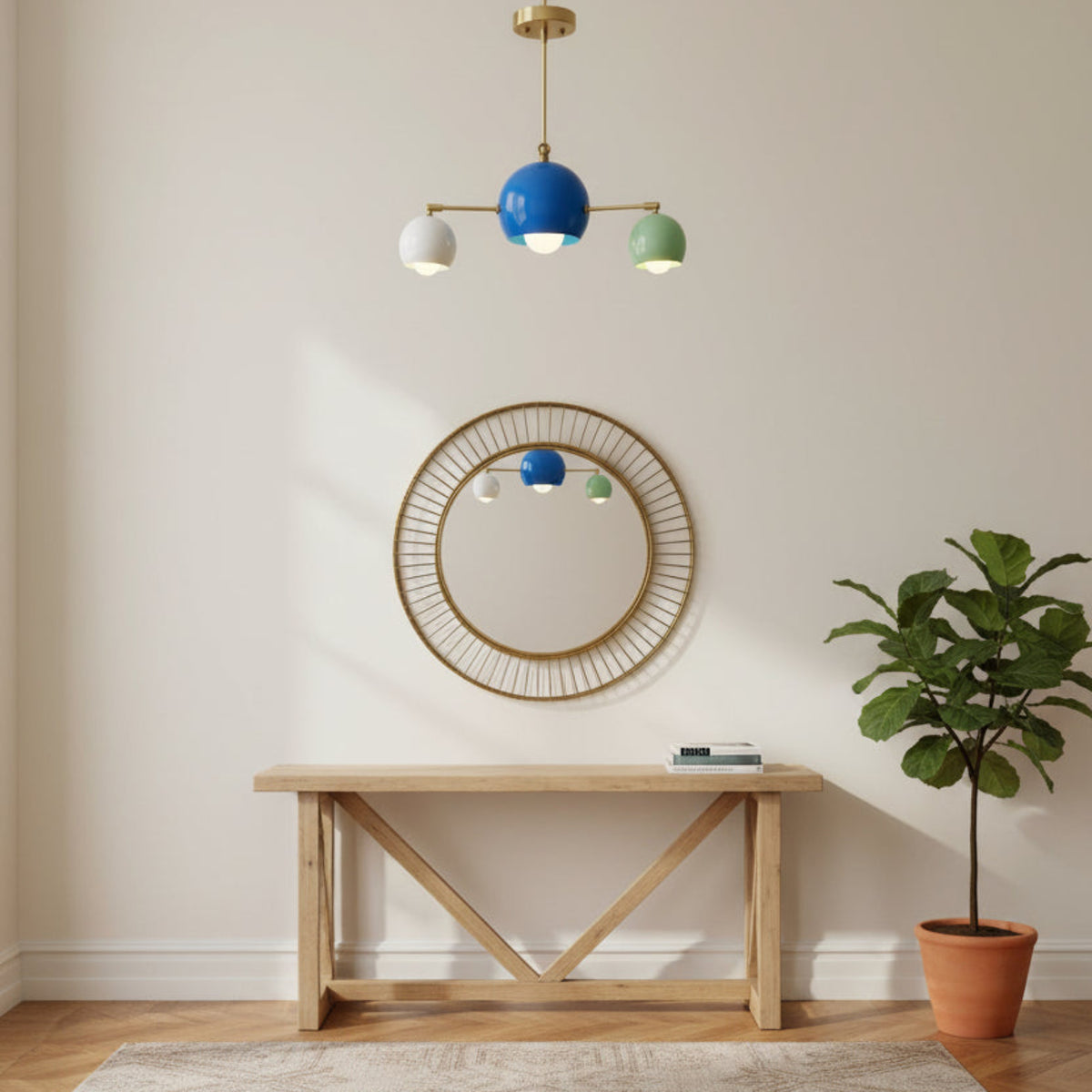 Front view of Verona colorful 3 light dome chandelier with brass arms and exposed globe bulbs – Model 62016