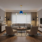 Verona 3 light Mid-Century Modern chandelier with blue, green and white dome shades and brass frame – Model 62016