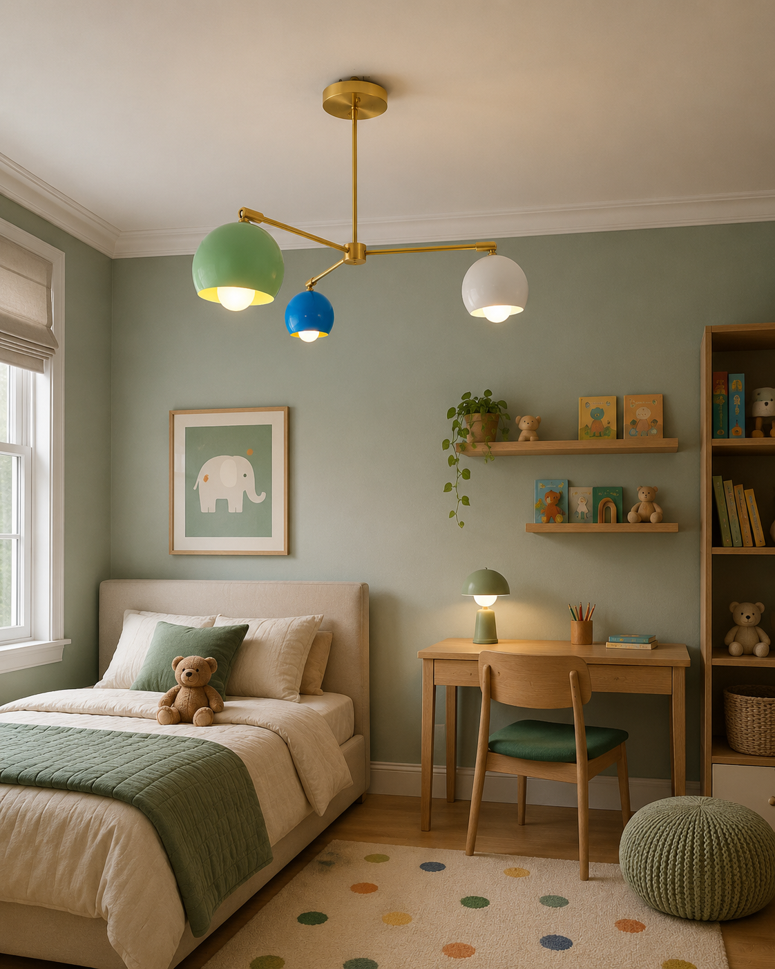 Verona colorful 3 light dome chandelier installed in a modern kids bedroom with green walls and warm ambient lighting – Model 62016