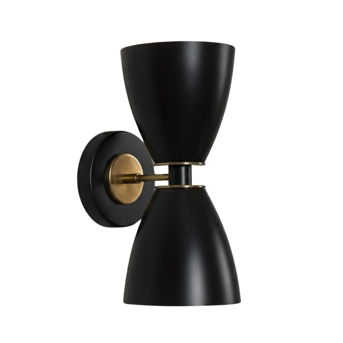 Angled view of Verona 2 light matte black double cone wall sconce with brass accents