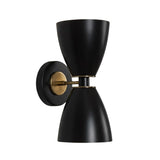 Angled view of Verona 2 light matte black double cone wall sconce with brass accents