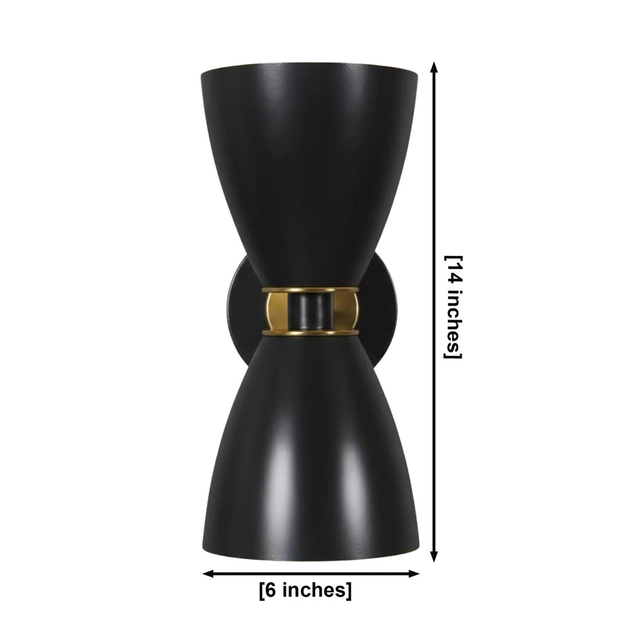 Verona 2 light double cone wall sconce in matte black with brass accents installed in a modern living room