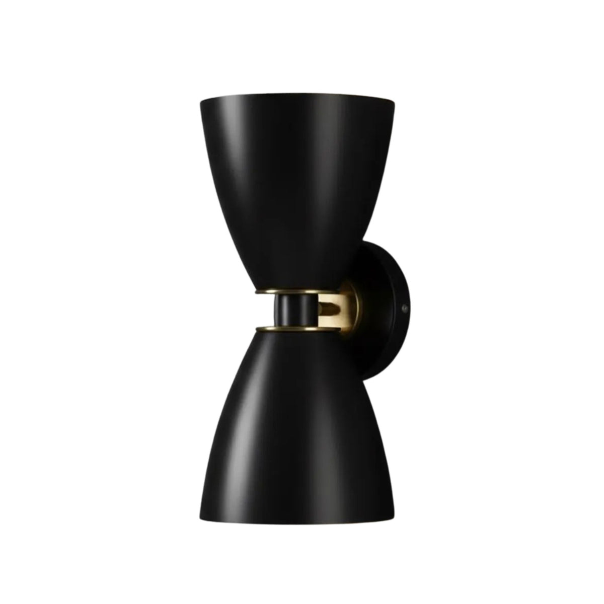 Profile view of Verona 2 light wall sconce with opposing black cone shades and round wall canopy