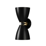 Profile view of Verona 2 light wall sconce with opposing black cone shades and round wall canopy