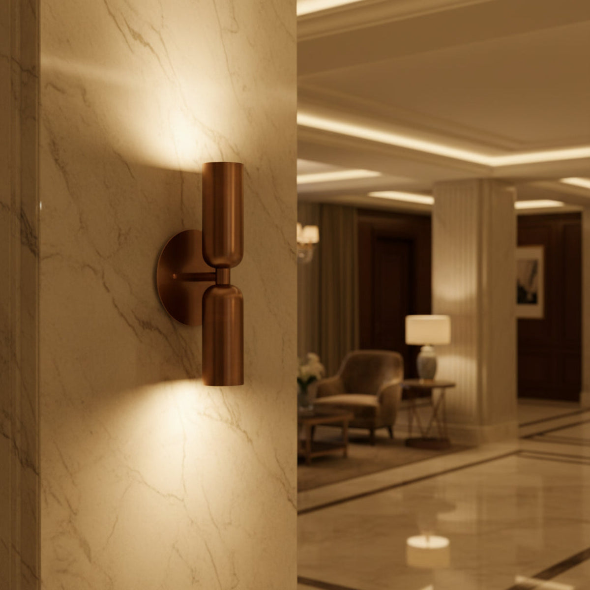 Verona double cylinder wall sconce showing round backplate and streamlined vertical construction, Model 32833.