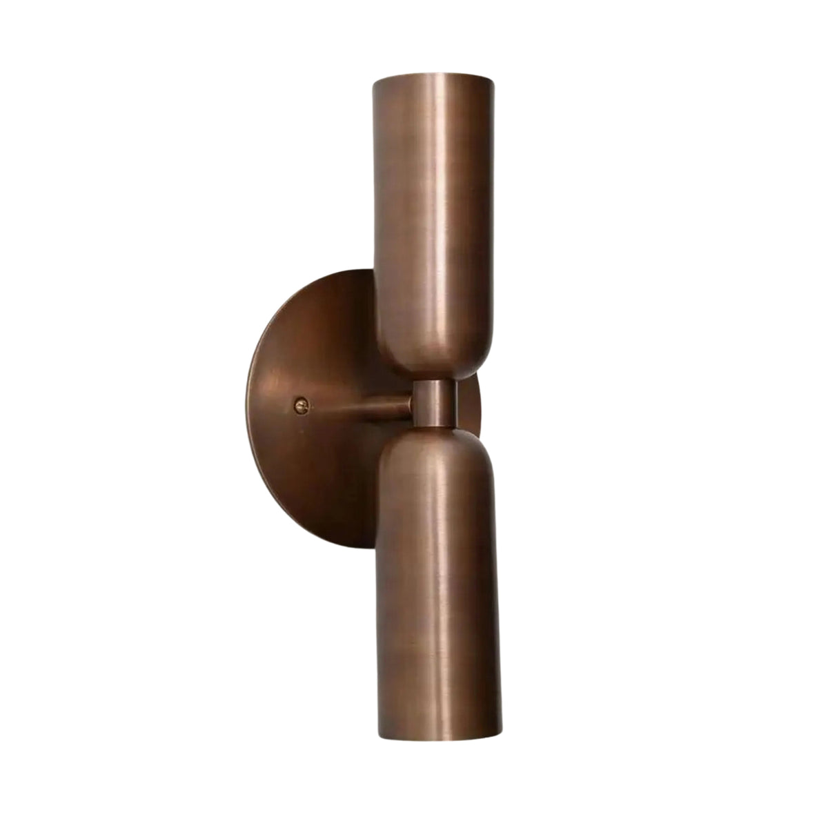 Front view of Verona two-light cylinder wall sconce with round backplate and warm bronze finish, Model 32833.