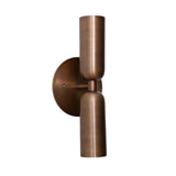 Front view of Verona two-light cylinder wall sconce with round backplate and warm bronze finish, Model 32833.