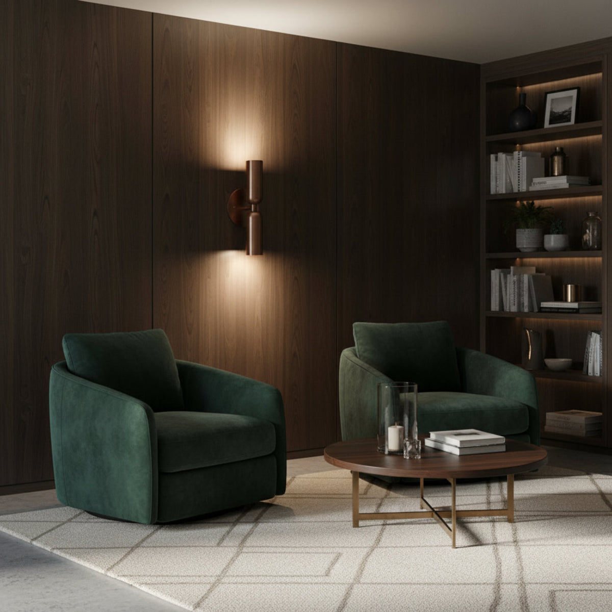 Side view of Verona double cylinder wall light showing slim profile and round mounting plate, Model 32833.