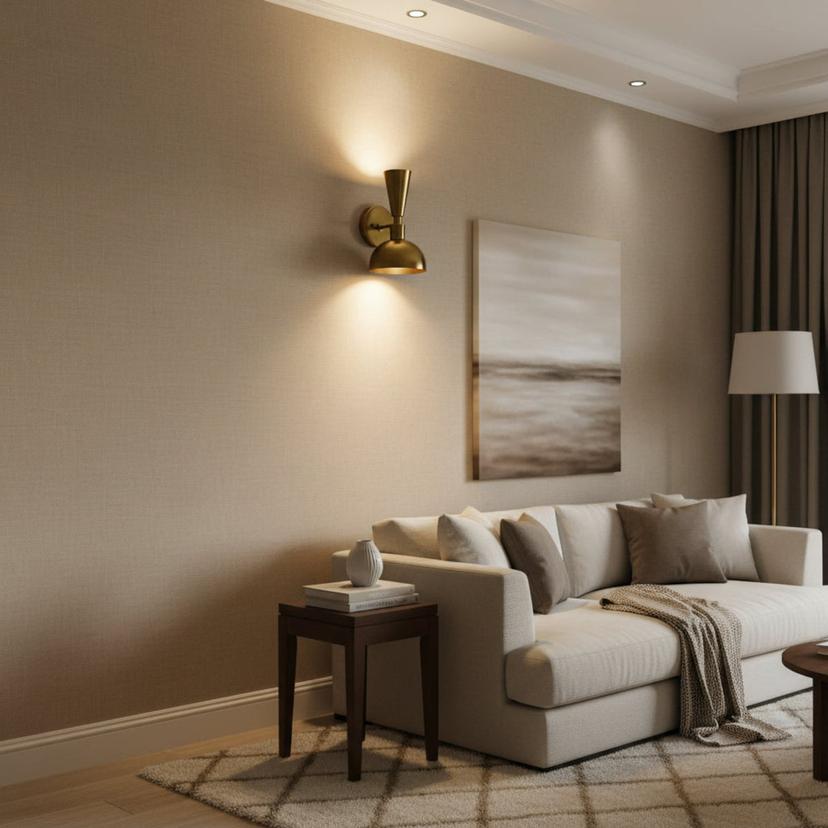Verona brass 2-light wall sconce with dome shade and tapered upper shade, angled view – Model 32829