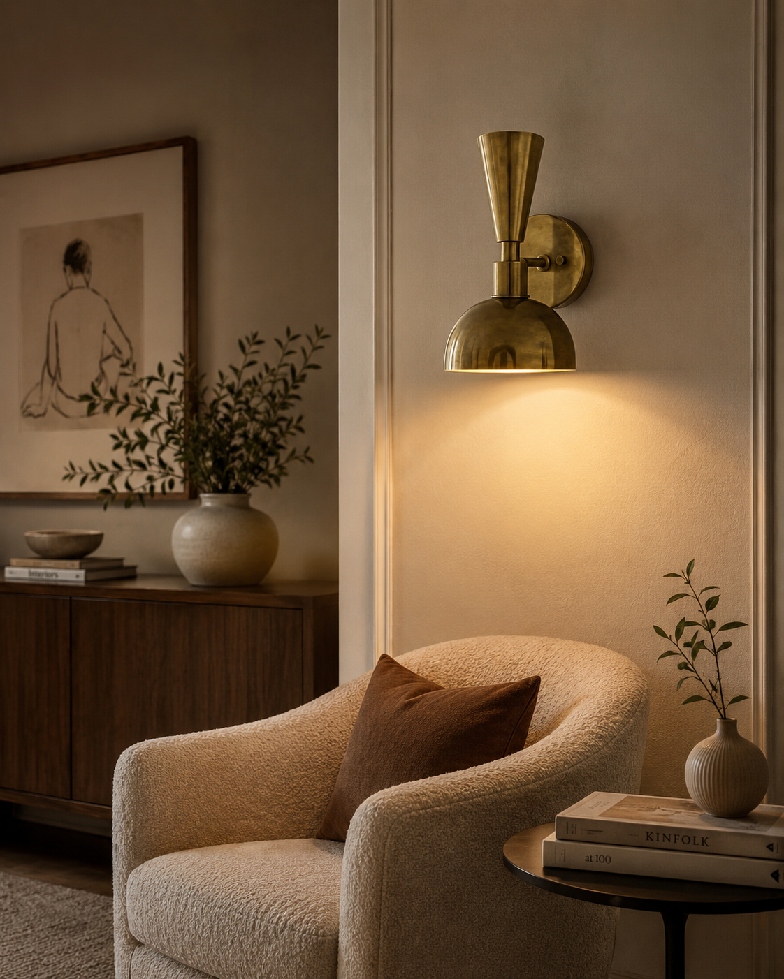 Verona brass 2-light wall sconce installed in a warm modern living room reading corner – Model 32829
