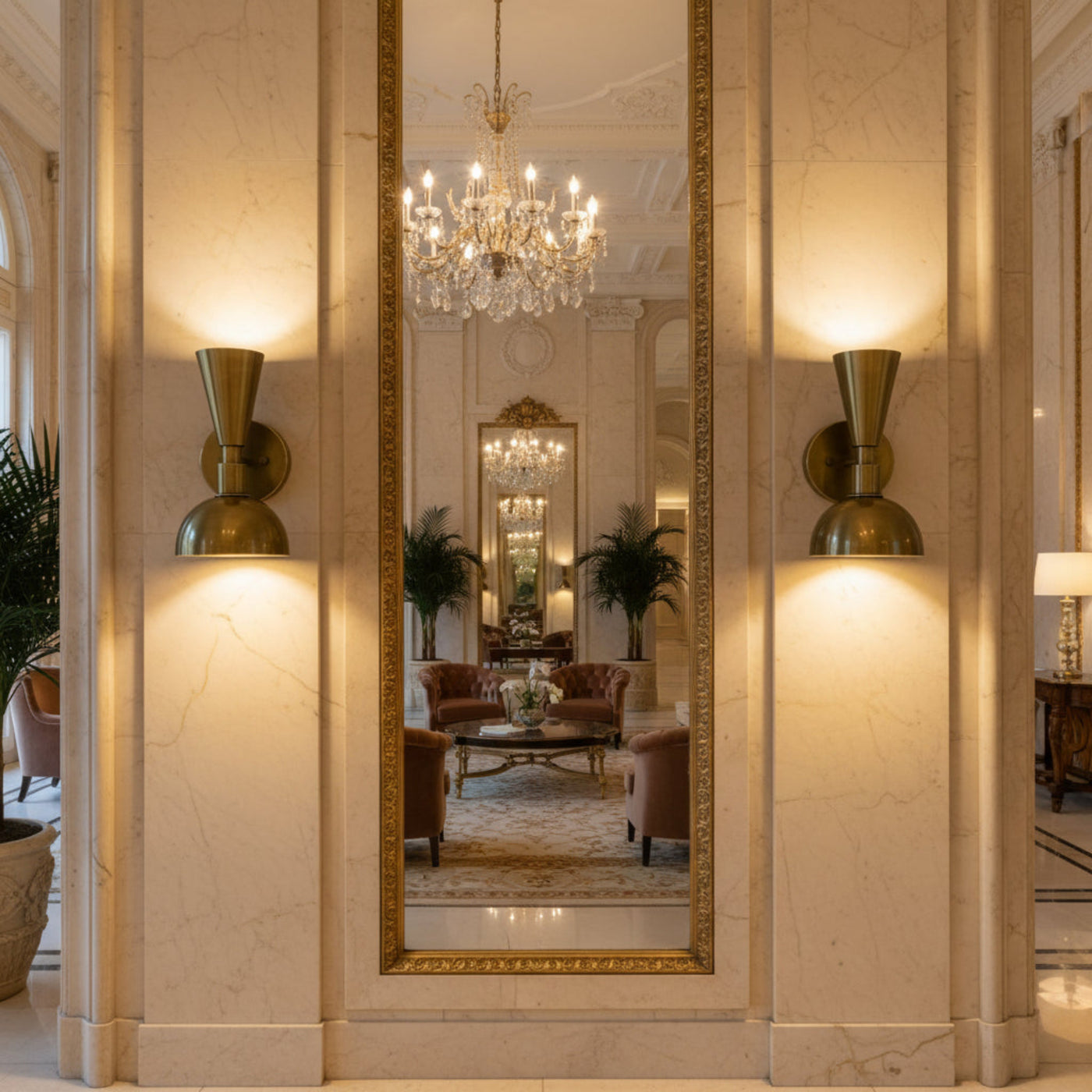 Set of two Verona brass 2-light wall sconces with dome and tapered shade design – Model 32829