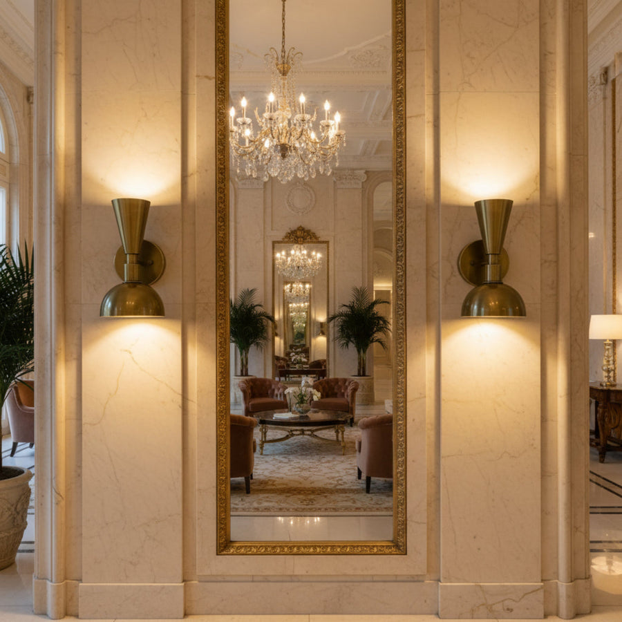 Set of two Verona brass 2-light wall sconces with dome and tapered shade design – Model 32829