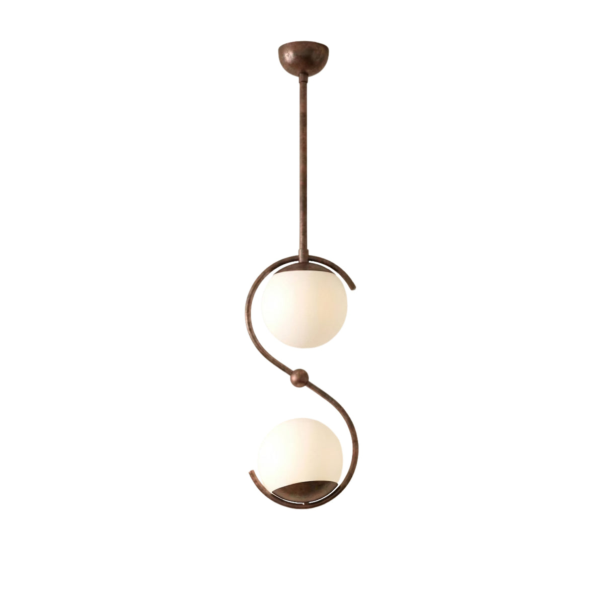 Front view of Verona double globe pendant chandelier with opal glass shades and aged copper finish – Model 33175