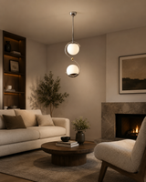 Verona 2-light sculptural double globe pendant chandelier displayed in a warm modern living room – Model 33175