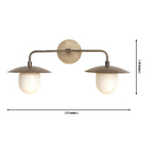 Front dimension view of the Verona 2-light vanity wall light featuring handcrafted bronze dome metal shades, opal glass globes, solid brass construction, and a 21-inch width.