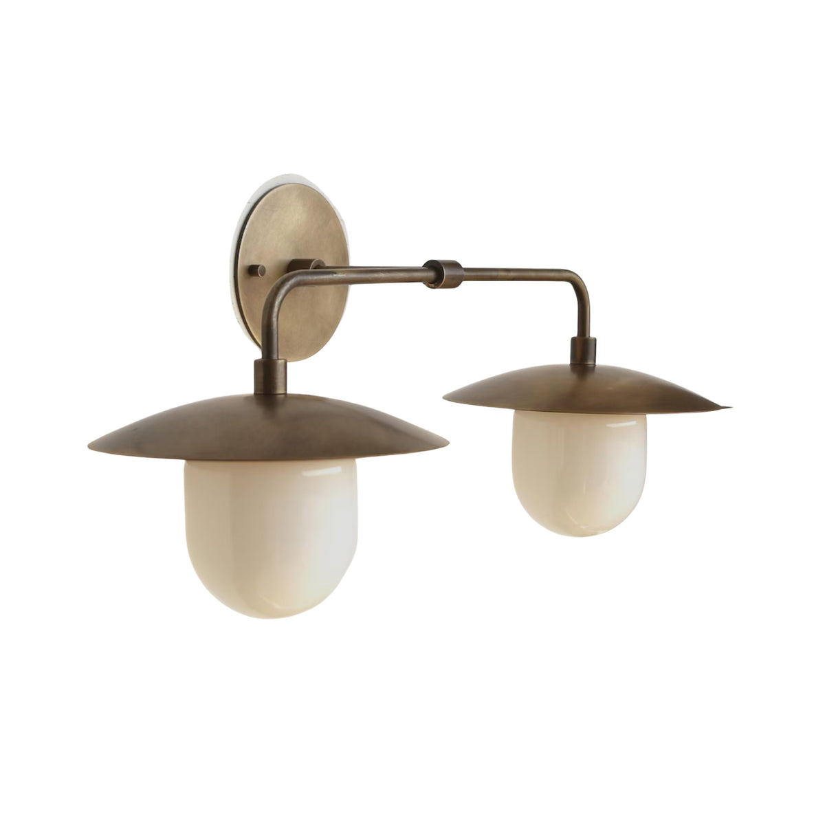 Angled perspective view of the Verona 2-light vanity wall fixture showcasing handcrafted dome shades, opal glass globes, and solid brass construction.