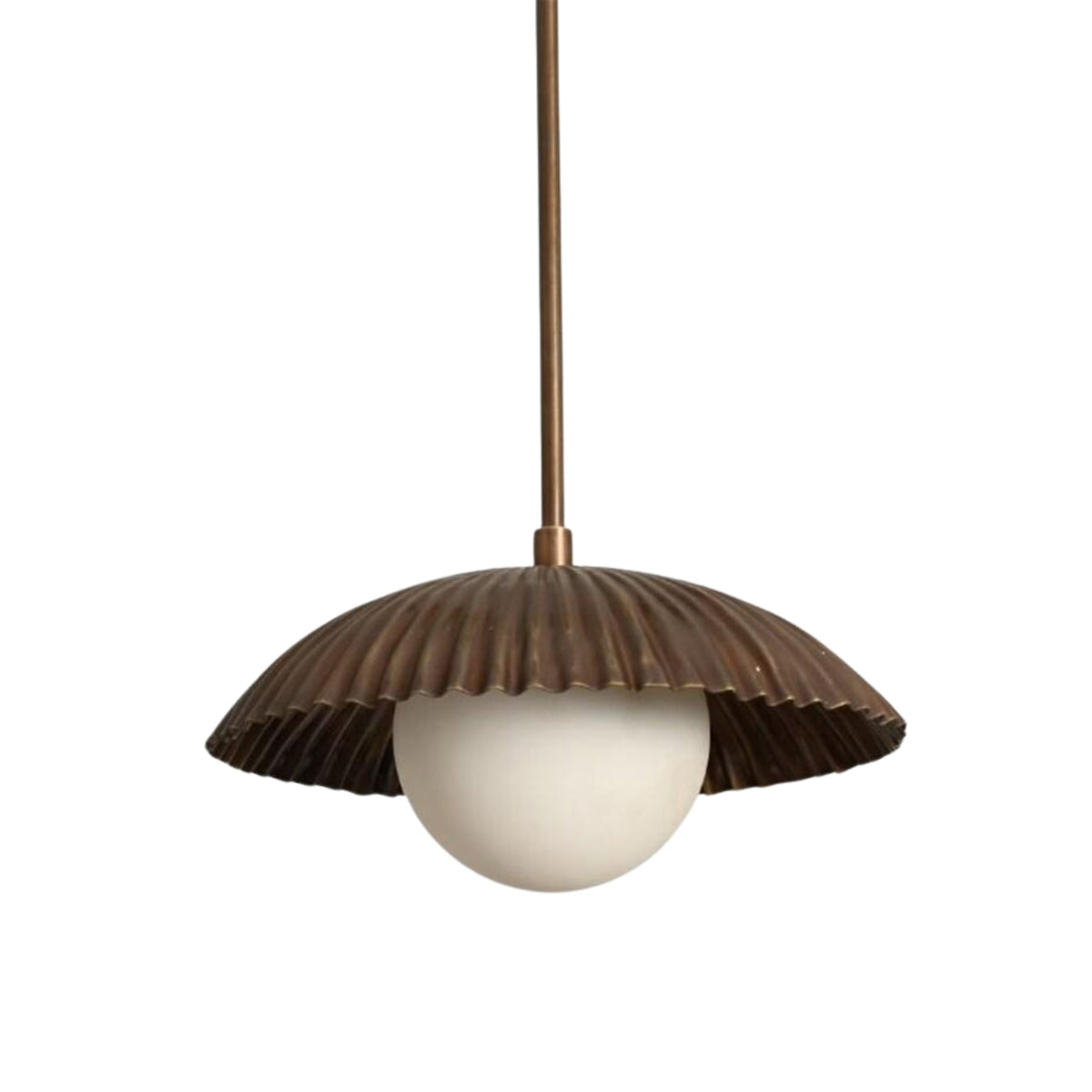 Close-up view of the Verona Fluted Dome Pendant Light highlighting the finely ribbed metal dome shade and frosted globe diffuser with elegant contemporary detailing.