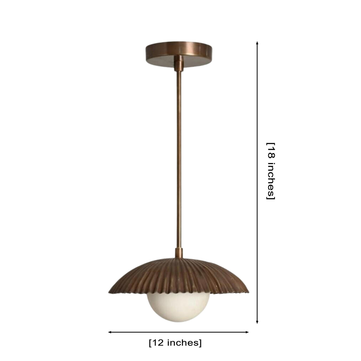 Front view of the Verona Fluted Dome Pendant Light displaying the ribbed metal dome shade, frosted globe diffuser, and overall dimensions of 12-inch diameter by 18-inch height.