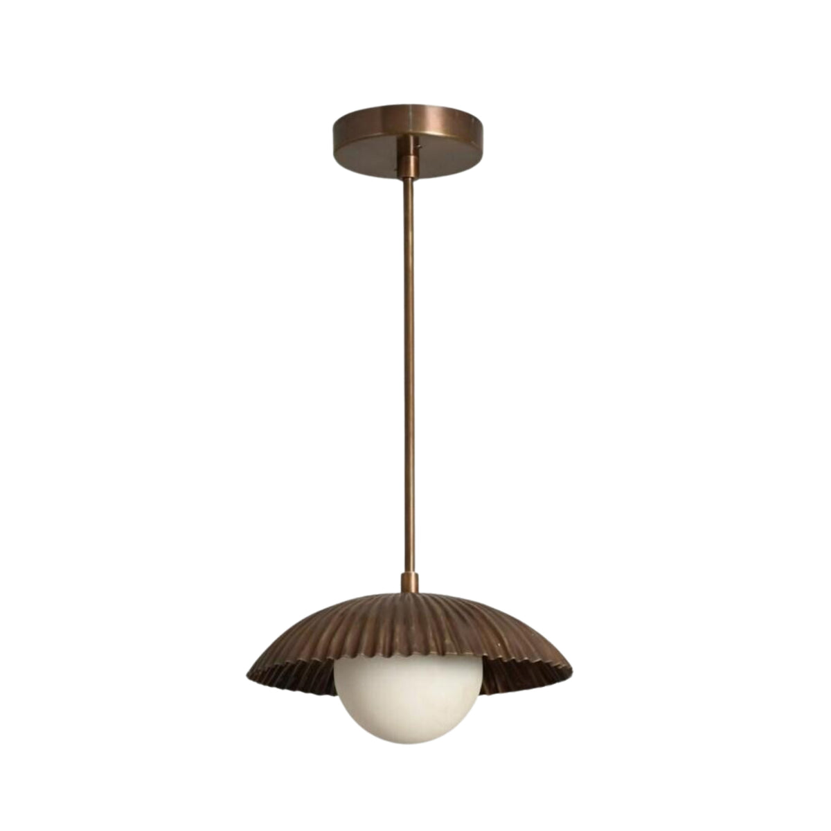 Front view of the Verona Fluted Dome Pendant Light featuring a sculpted fluted metal dome shade, frosted globe diffuser, slim suspension rod, and matching ceiling canopy.