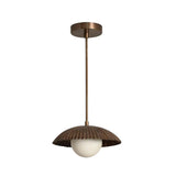 Front view of the Verona Fluted Dome Pendant Light featuring a sculpted fluted metal dome shade, frosted globe diffuser, slim suspension rod, and matching ceiling canopy.